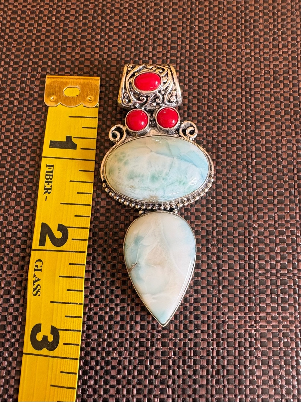New! 925 Sterling Silver Overlay Larimar & Red Coral Multi Gemstone Pendant - Picture 7 of 15